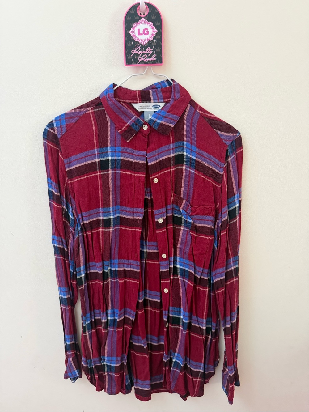 Old Navy Women's Burgundy Plaid Button-Down Shirt with Blue Accents